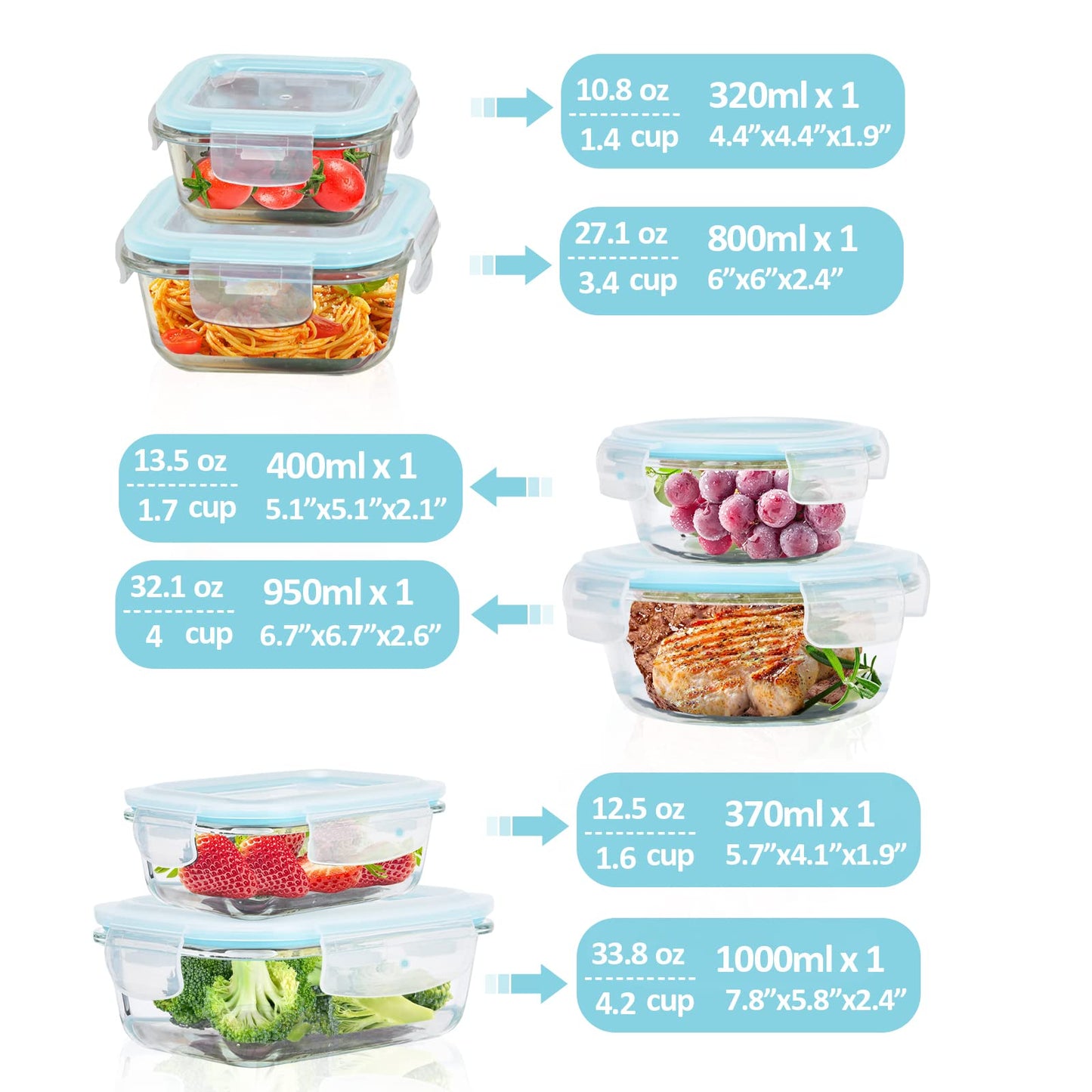 6-Pack Glass Food Storage Containers with Lids