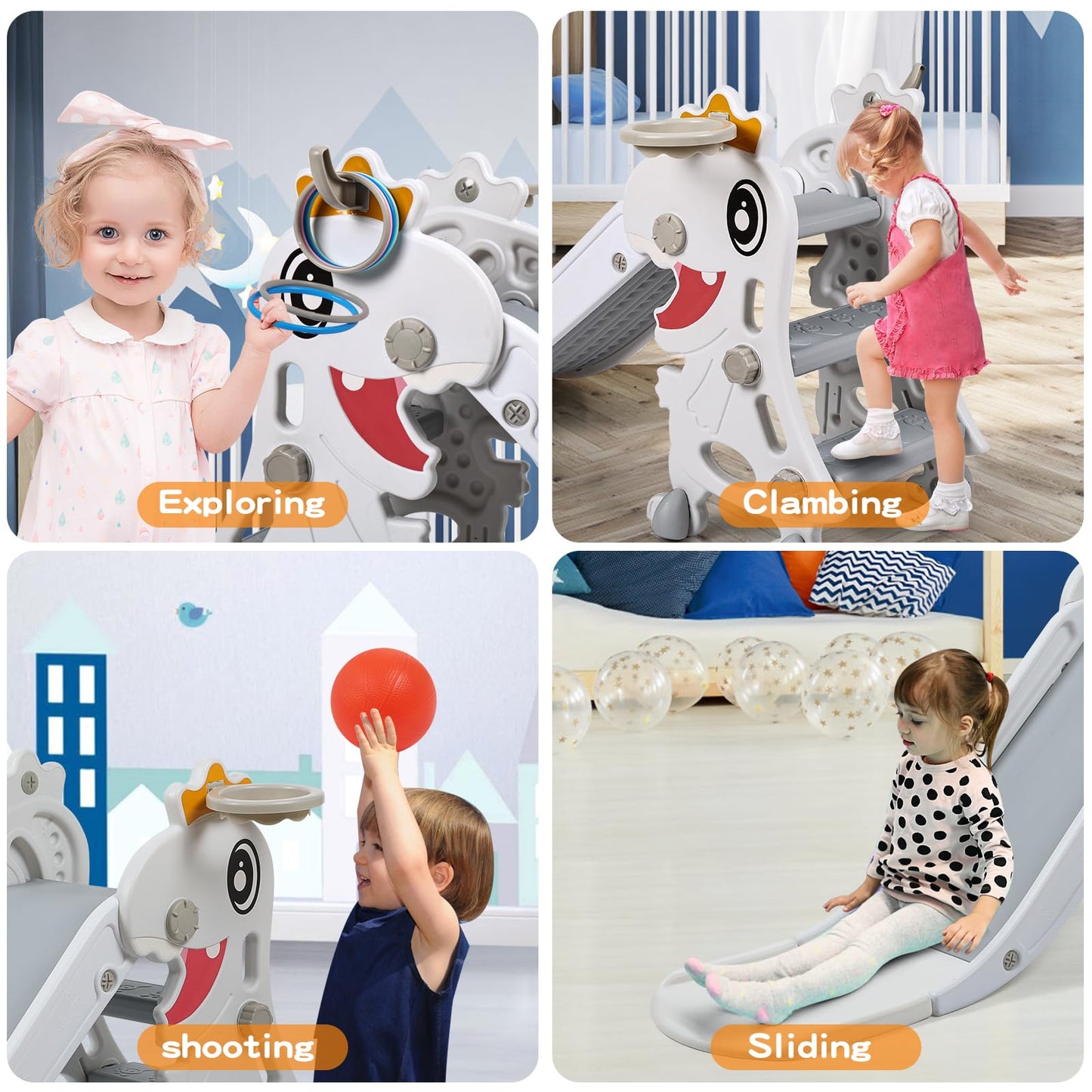 BFAZKXY Indoor Slide for Toddlers 1-3, Foldable Kids Toddler Indoor Slide Playset, Indoor and Outdoor Playground, Toddler Climber Playset with Basketball Hoop and Ring Toss(White)