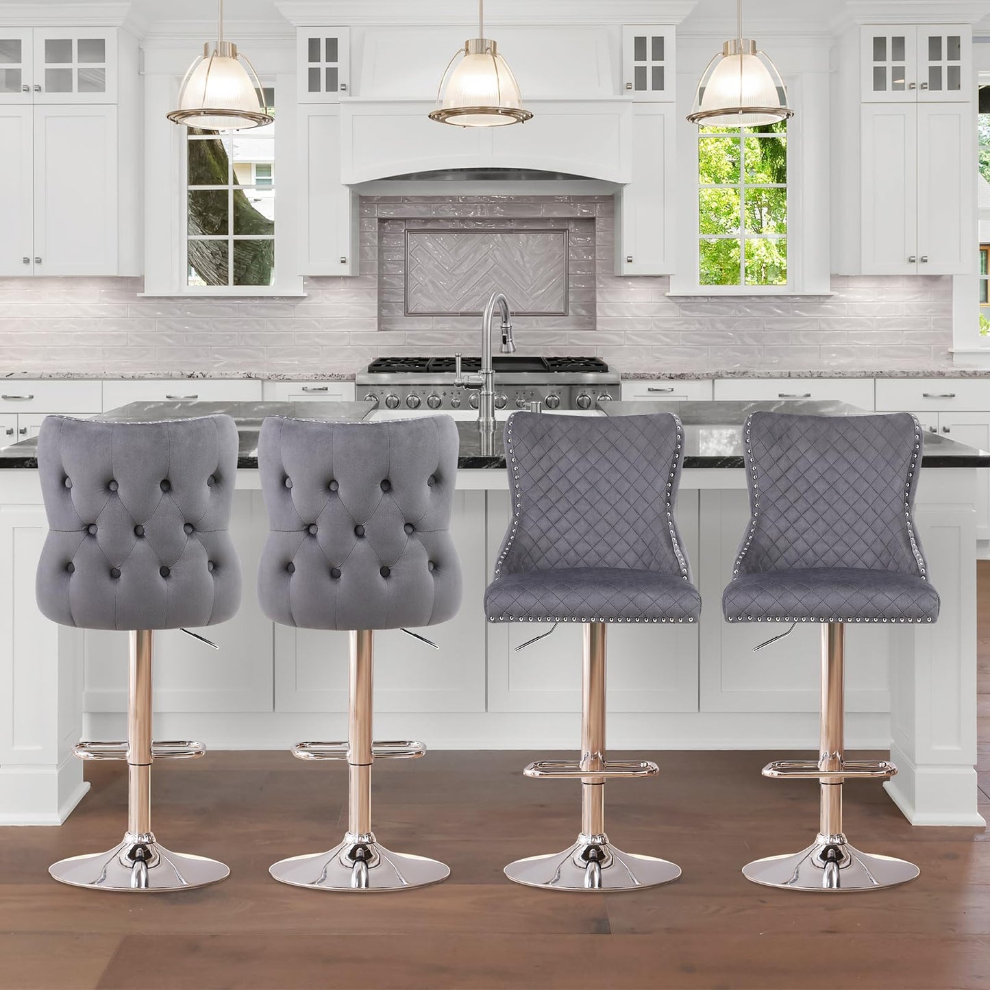 Chummaven Velvet Adjustable Bar Stools Set of 2, Counter Height Swivel Barstools with Chrome Base Footrest, Modern Upholstered Bar Chairs with Boutton Tufed High-Back for Kitchen,Dark Grey