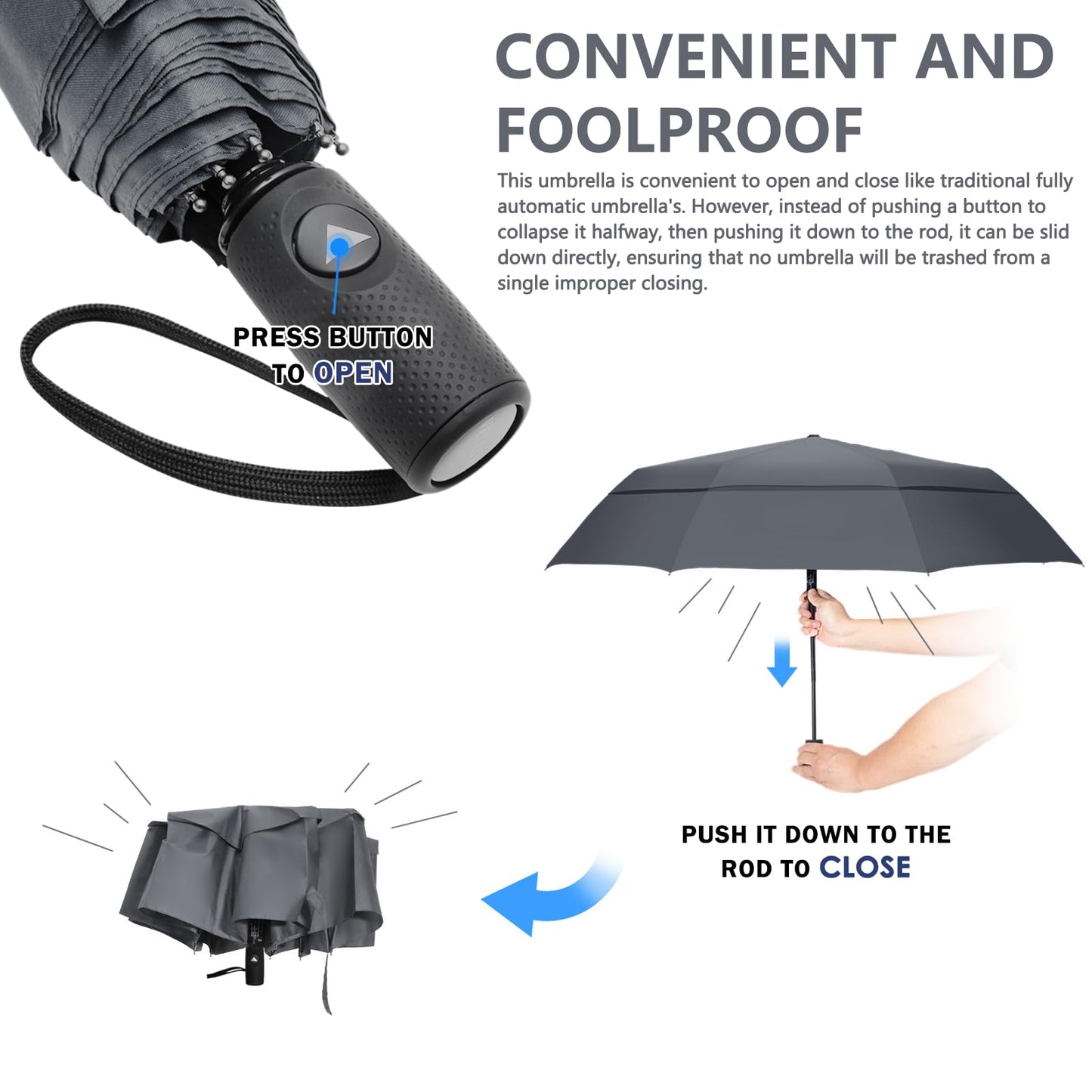 VELLUXE Portable Large Umbrella for Rain, Vented Windproof Double Umbrella, Foldable Golf Umbrella, Compact Travel Umbrella, Automatic Umbrella for adults, Grey Umbrella