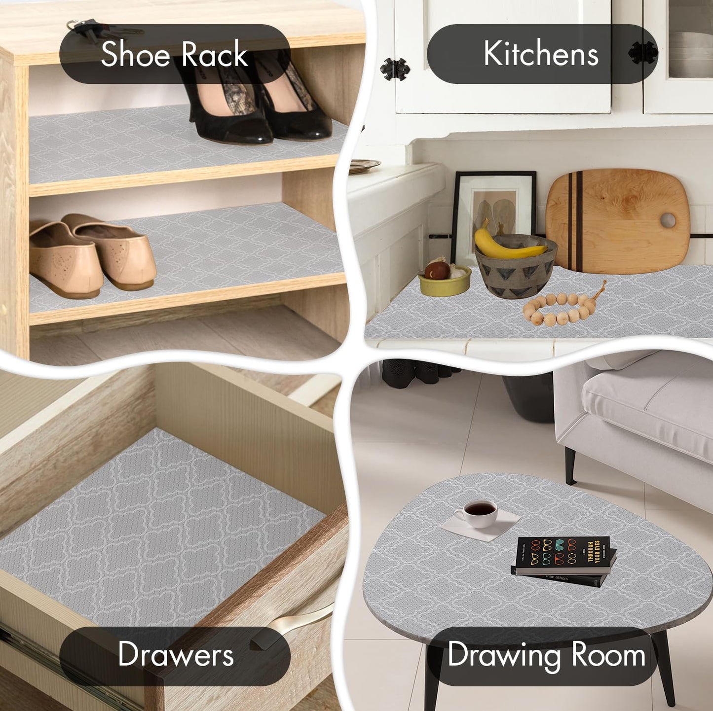 Cooyes Shelf Liner, Non-Slip Cabinet Liner, Washable Oil-Proof for Kitchen Cabinet with Modern Pattern, Durable EVA Shelves, Refrigerator, Storage, Desks, Pantry, Non Adhesive Drawers