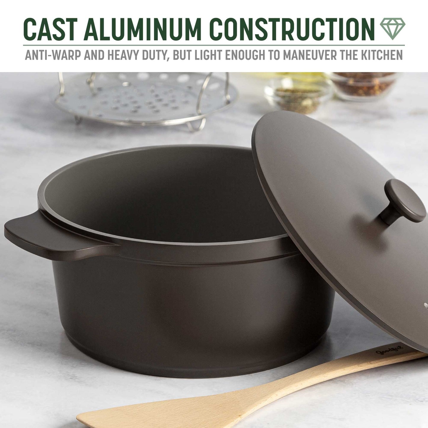Goodful All-In-One Pot, Multilayer Nonstick, High Performance Cast Dutch Oven With Matching Lid, Roasting Rack And Turner, Made Without PFOA, Dishwasher Safe Cookware, 4.7-Quart, Graphite