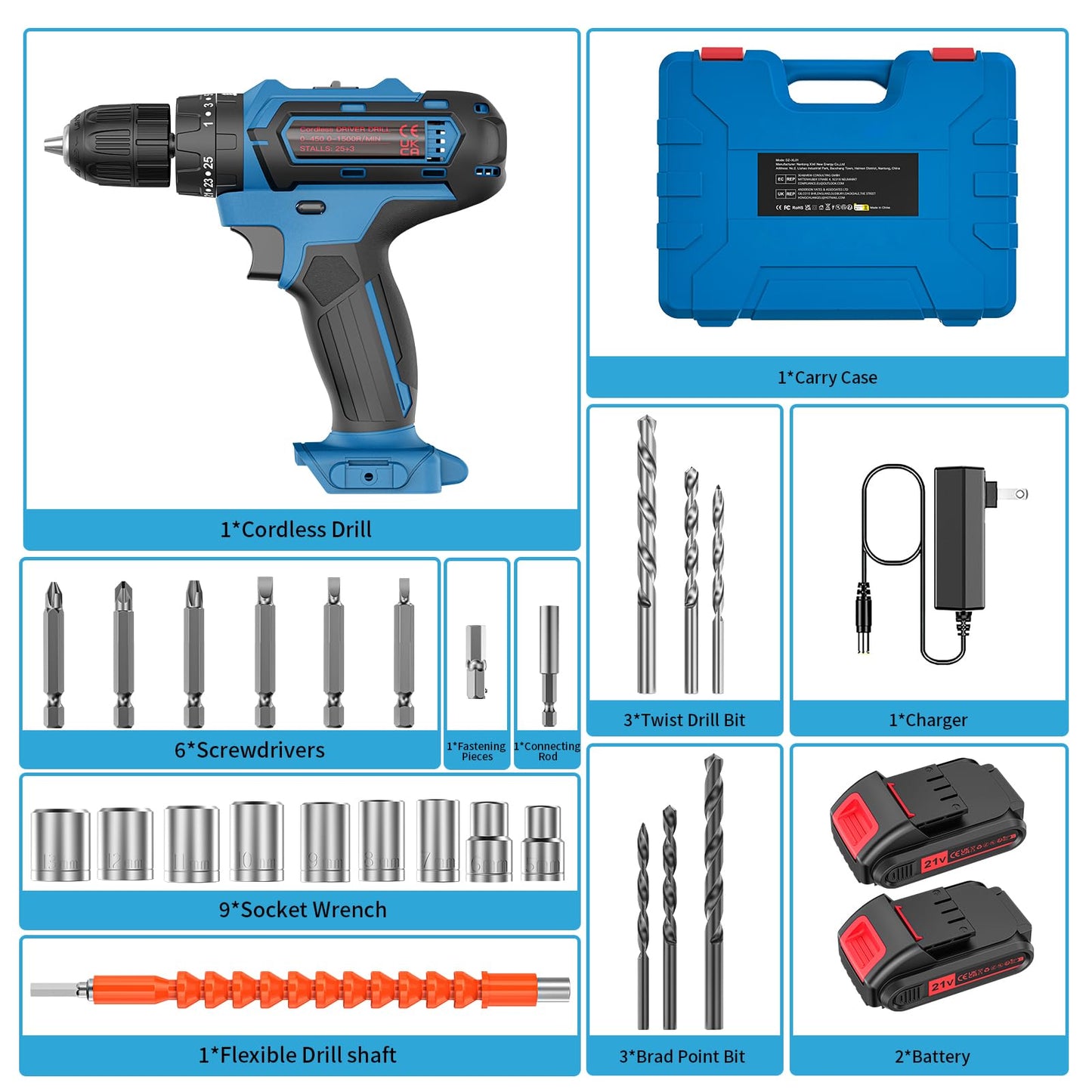 Jaylene 21V Cordless Power Drill Set with Batteries