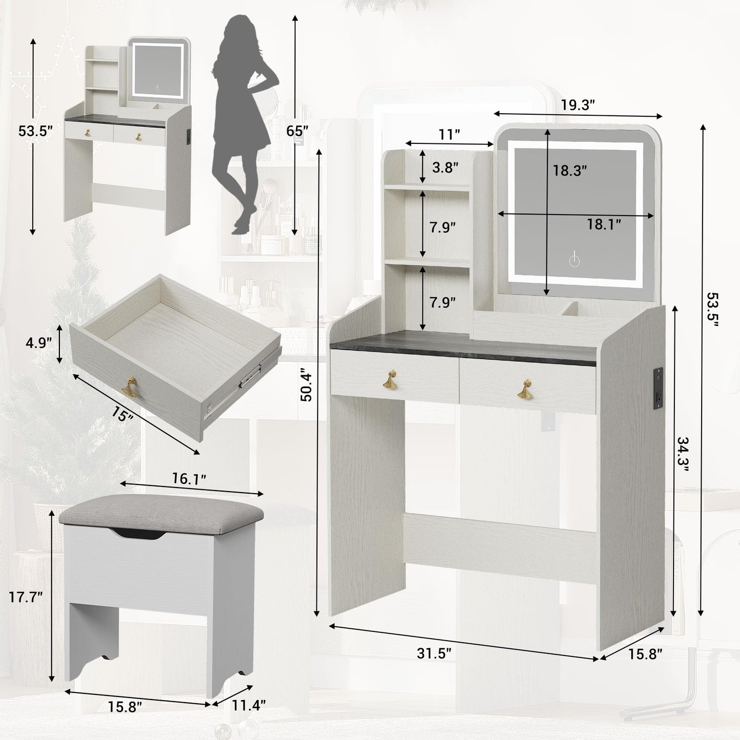 Vanity Desk with LED Mirror and Charging Station