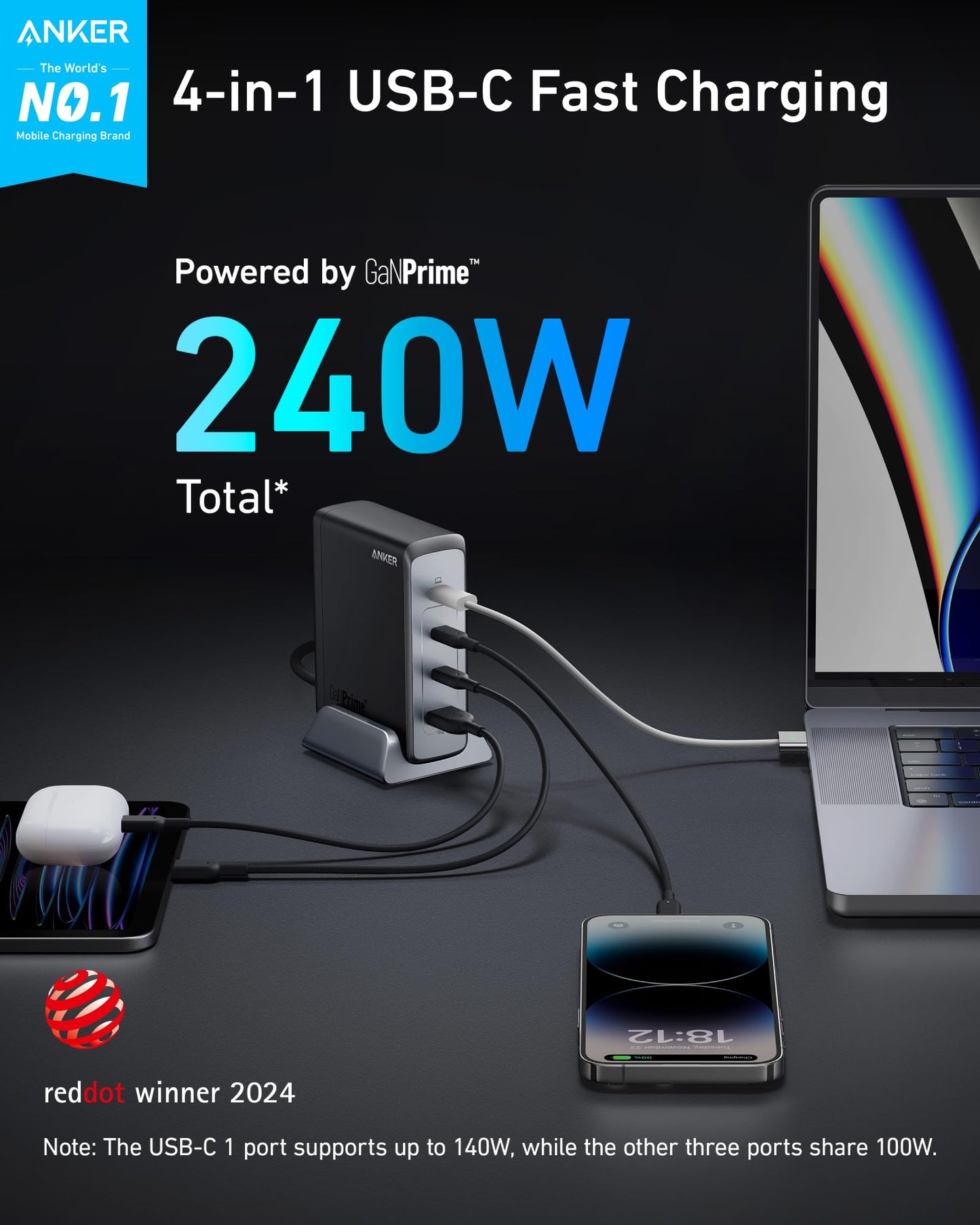 240W Anker USB C 4-Port Fast Charger