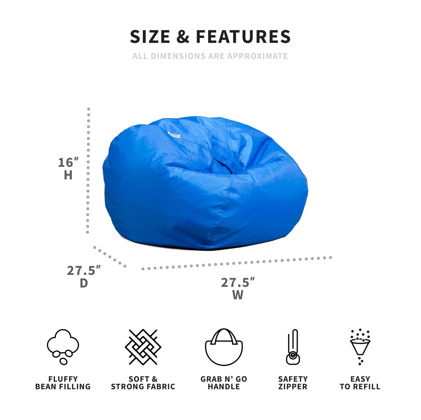 Big Joe Classic Bean Bag Chair, Sapphire Smartmax, Durable Polyester Nylon Blend, 2 feet Round