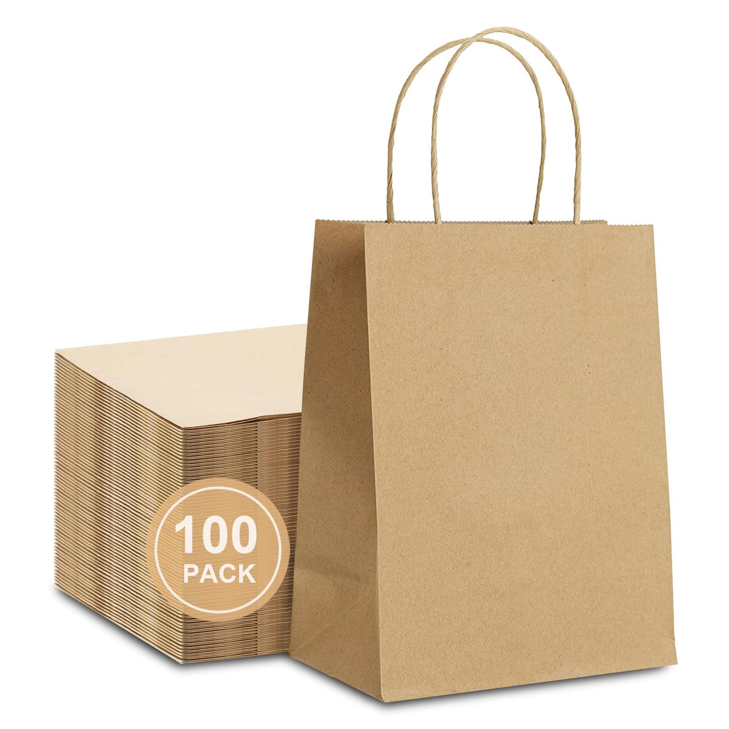 Brown Kraft Paper Gift Bags with Handles, 100 Pcs