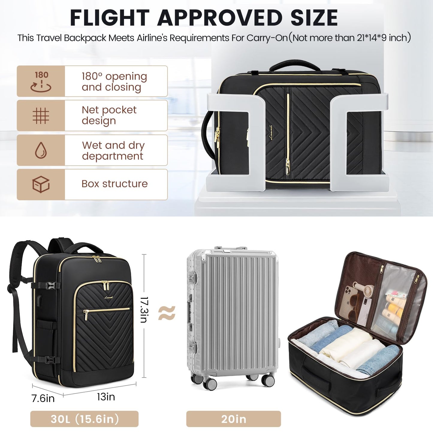 LOVEVOOK Carry On Travel Backpack for Airplanes, Personal Item Backpack with 3 Packing Cubes, Waterproof TSA Fit 15.6 Inch Laptop Luggage with USB Charging Port