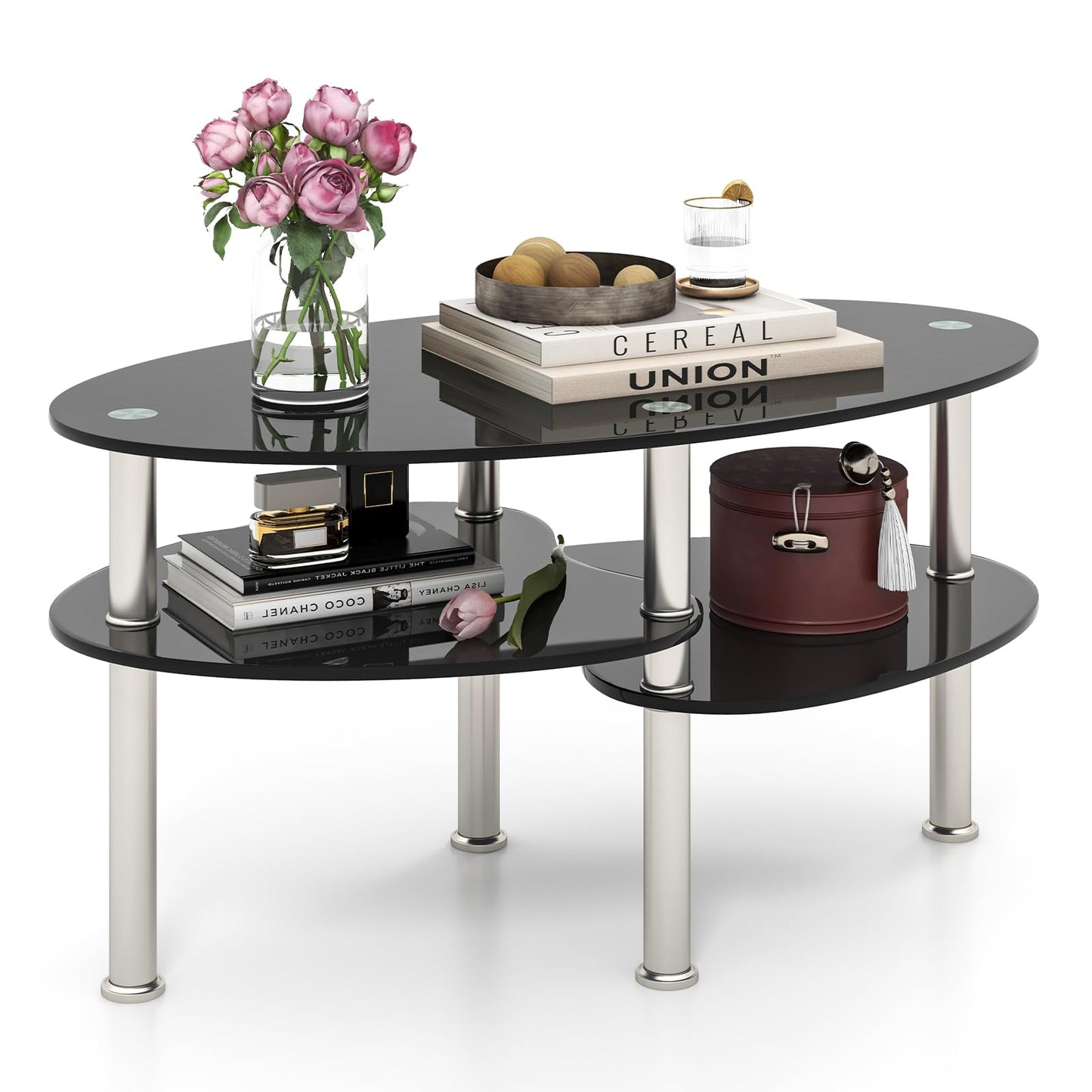 Giantex Oval Glass Coffee Table with Chrome Legs