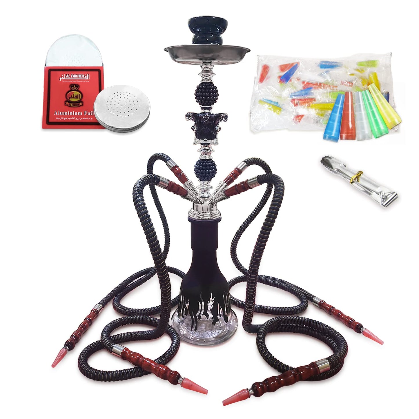 23'' Premium Hookah Set, Hookah Complete Set Hookah Shisha set with Everything, 50 Disposable Tips, 50 Pre-Punched Aluminum Foil, Up To 4 Persons(Black)