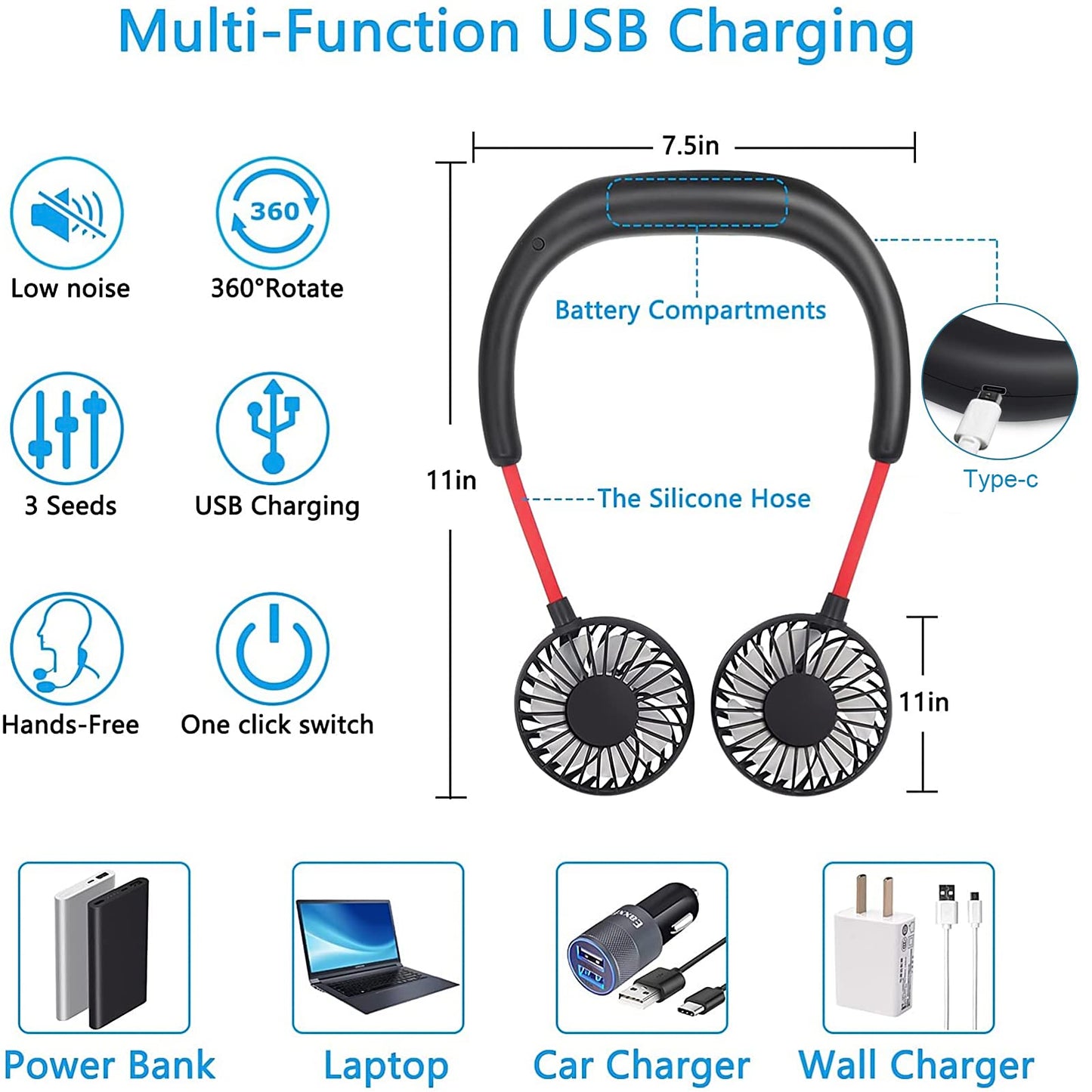 Portable Rechargeable Neck Fan with 360° Rotation