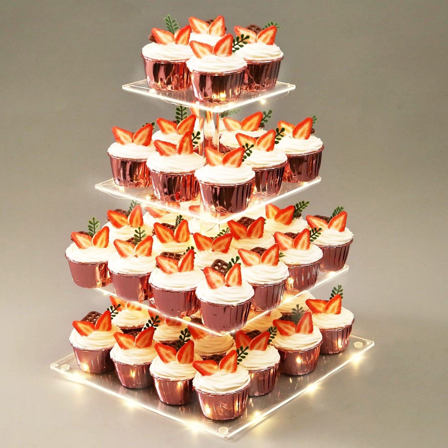 Yumhouse Cupcake Stand for 50 Cupcakes,4-Tier Acrylic Cupcake Tower Holder,Cupcake Holder,Dessert Stands with LED Light String for Cupcake Display,Wedding,Birthday,Baby Shower