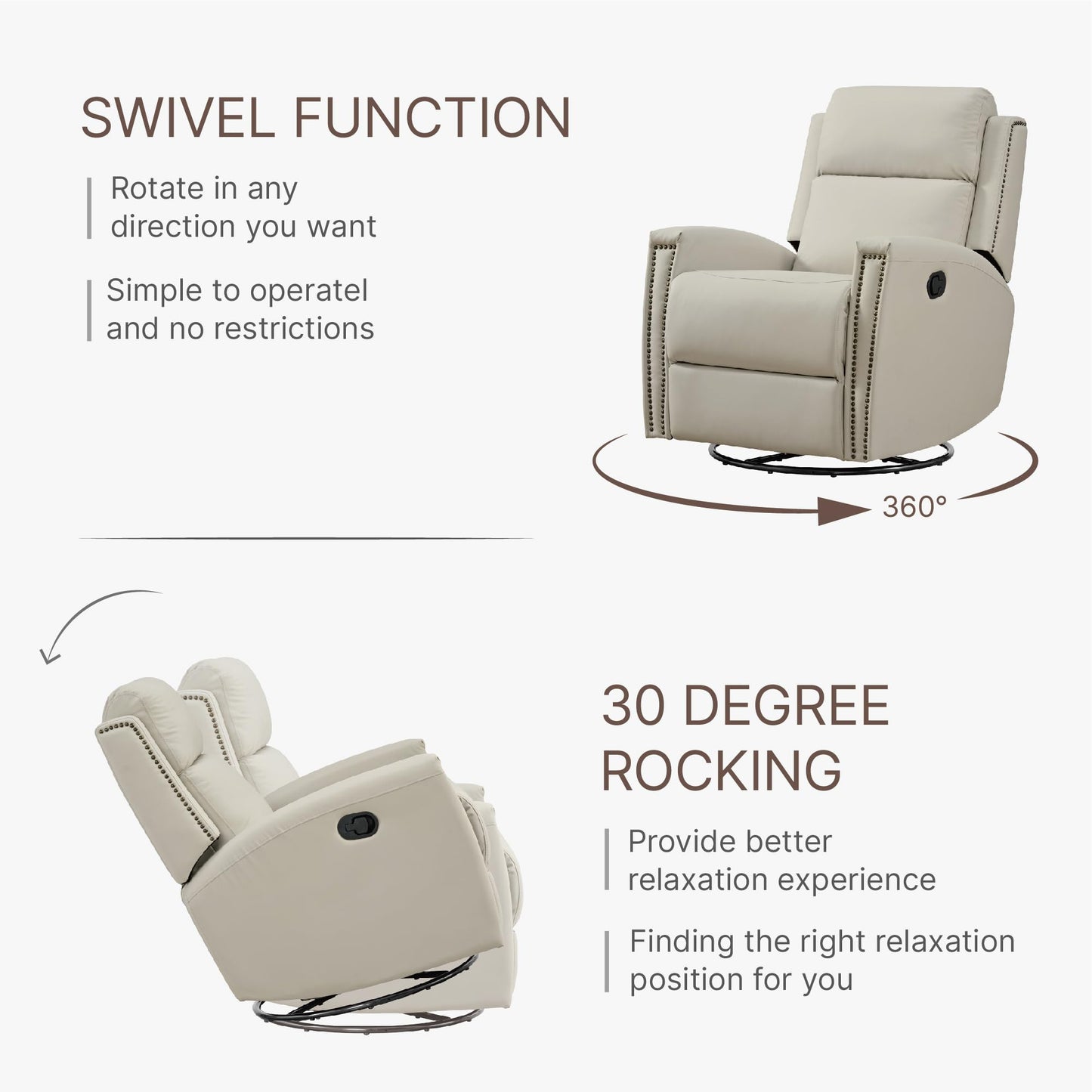 KISLOT Leather Recliner Chair with Swivel Rocker