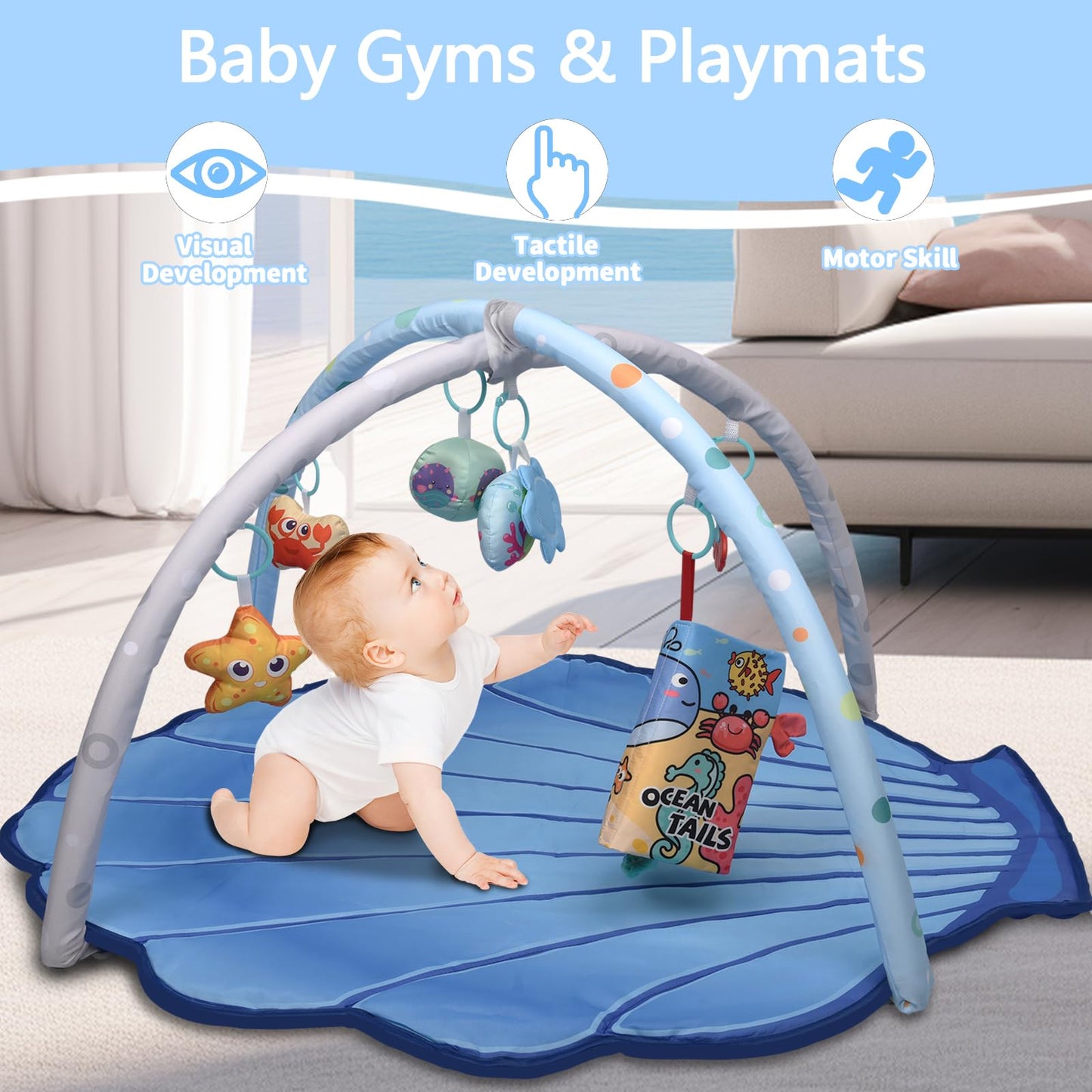 Baby Gym Play Mat for Babies 0-6 Months Infant Tummy Time Mat Activity Gym, Blue Shell Baby Gyms & Playmats Newborn Brain Sensory Development 6-12 Months, Baby Gifts