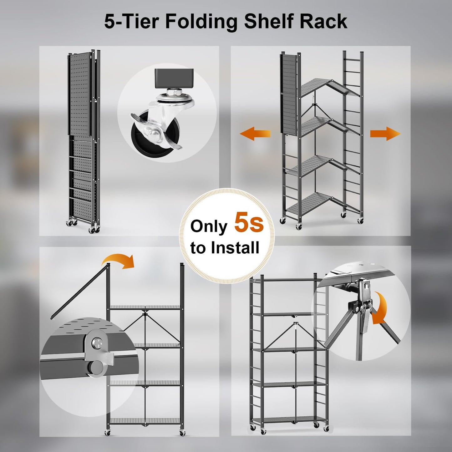Himix Storage Shelves with 20 Hooks, 5-Tier Foldable Shelves for Storage, Folding Shelf Unit Pantry Shelves Bookshelf with Wheels, Vendor Display Racks for Craft Shows, Home, Office - No Assembly