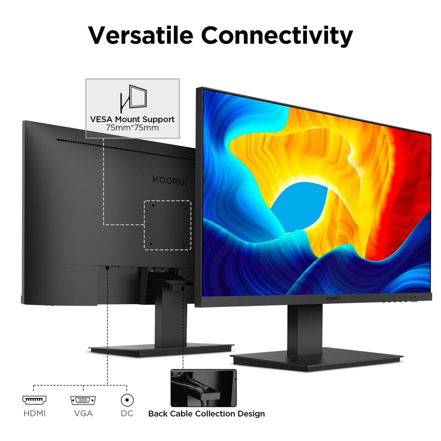 KOORUI 24 Inch Computer Monitor, FHD 1920 x 1080p Office PC Monitor IPS Display 75Hz, HDMI, VGA, VESA Mountable, Frameless, Eye Protection and Ergonomic Tilt Adjustment, Black
