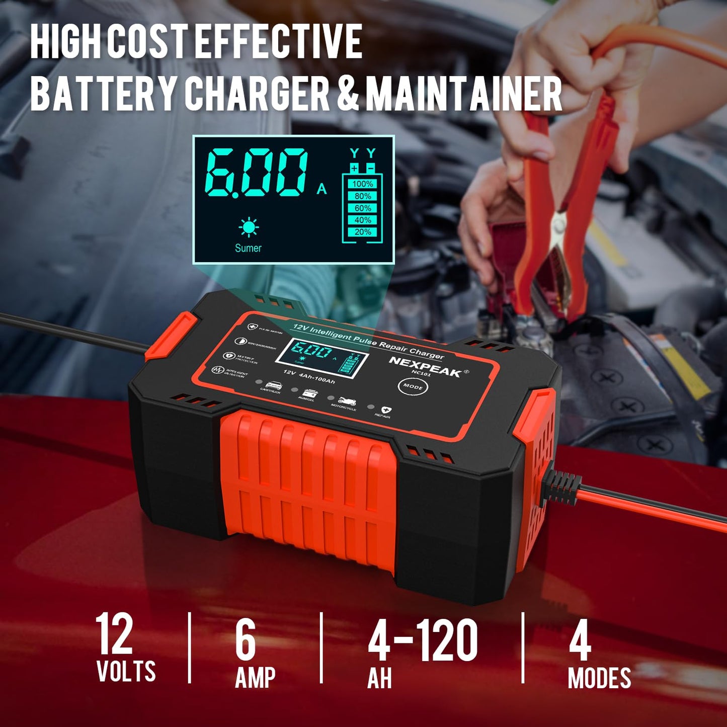 NEXPEAK 12V 6A Smart Battery Charger Maintainer