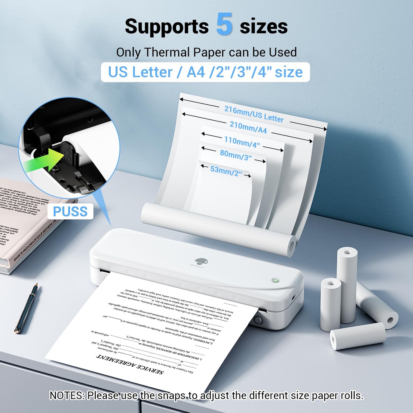 Phomemo Portable Printers Wireless for Travel, M833 Bluetooth Thermal Printer Compatible with Phone & Laptop,Support 8.5'' x 11'' US Letter & A4, 300Dpi Inkless Mobile Printer for Office, Home, School