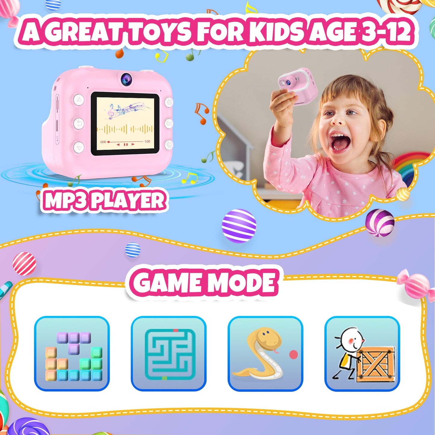 Kids Camera Instant Print Toys Toddler Cameras Printing Photos - 1080P Video Cameras - 12Mp Children Digital Selfie Camera Gift for Girls Boys Age 3-12 with 32GB SD Card (Pink)