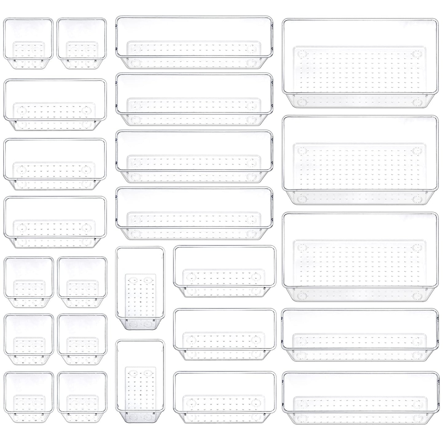 Fixwal 25pcs Clear Drawer Organizers, 4-Size Clear Plastic Drawer Organizers Trays for Makeup, Jewelries, Gadgets, Bathroom, Office, Bedroom