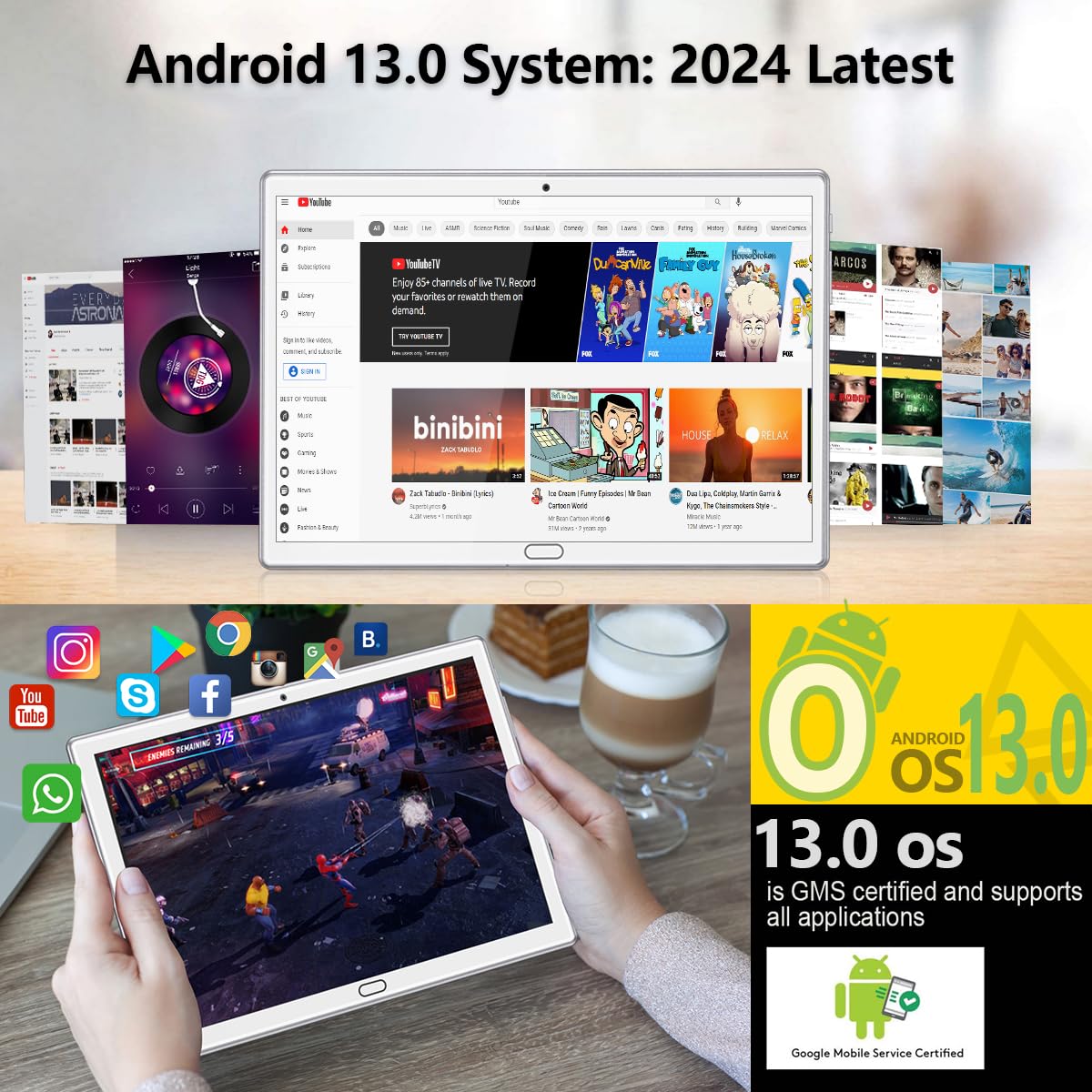 2 in 1 Tablet 10.1 Inch, Android 13.0 Tablets, 64GB/128GB ROM, Dual 4G Cellular with Keyboard, 18MP Camera, Octa-Core Processor, WiFi, GPS, Bluetooth, Google Certified Tablet PC(2024 Silver)