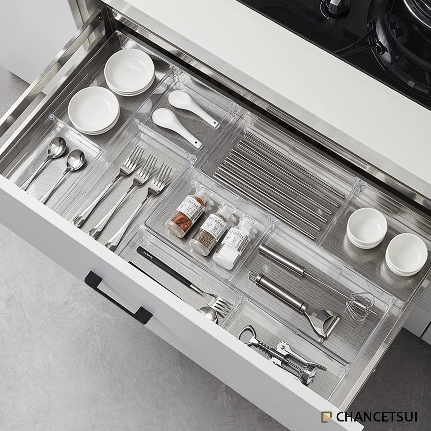 48Pcs Clear Plastic Drawer Organizer Set 4-Size Versatile Vanity and Desk Drawer Storage Bins, Drawer Organizer Trays and Bathroom Drawer Organizer for Jewelries, Kitchen Utensils, Office Supply
