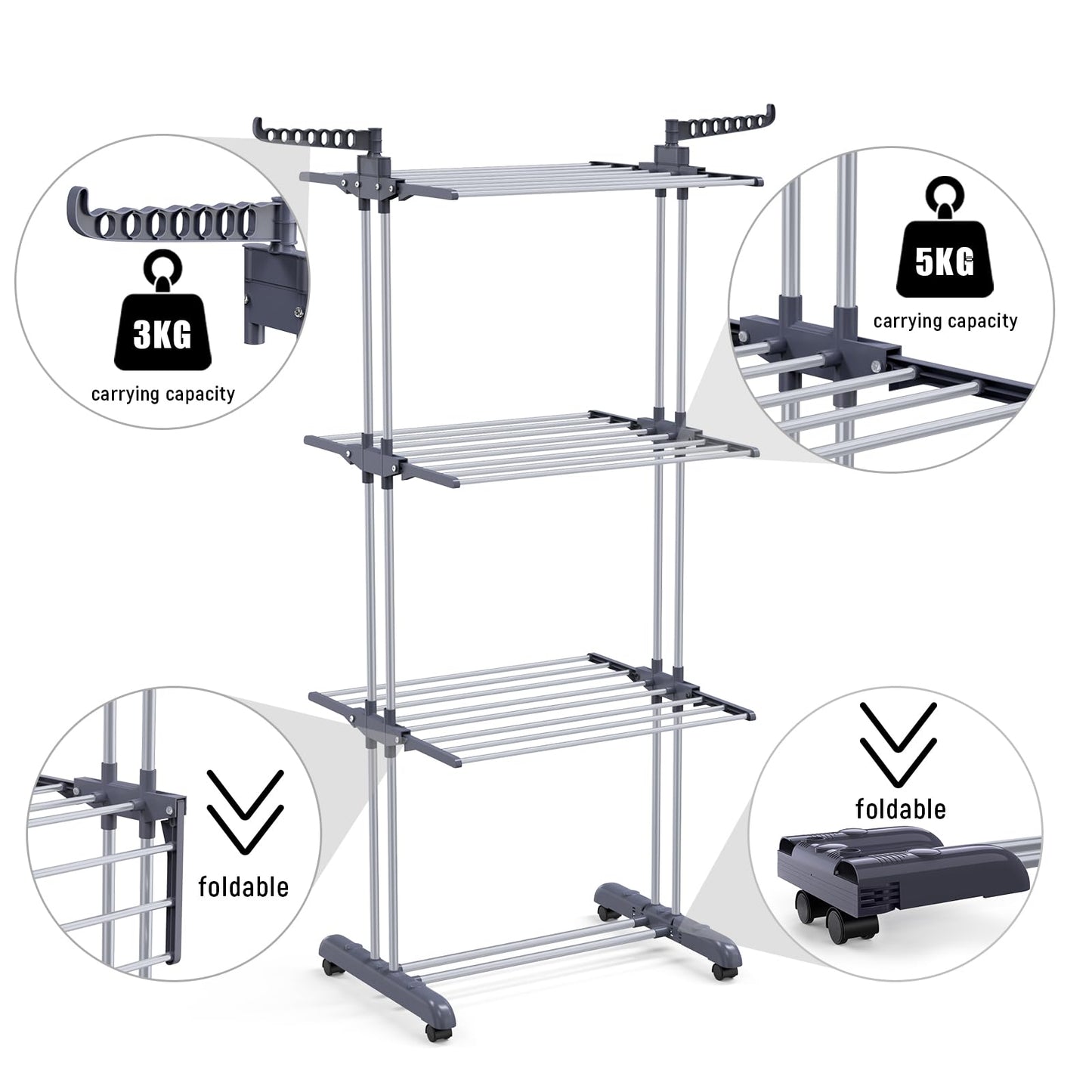 Bigzzia Clothes Drying Rack, 67.7 Inch Laundry Drying Rack with Foldable Base, 4 Tier Stainless Steel Drying Rack Clothing, Movable Laundry Rack for Indoor Outdoor-Grey