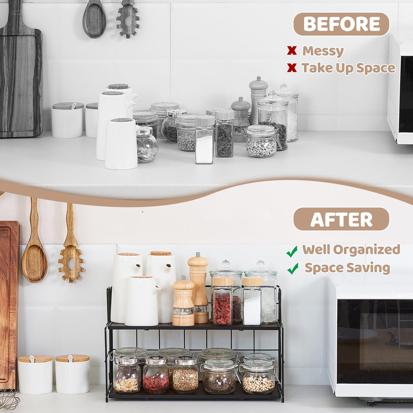 Edergoo Bathroom Counter Organizer 10s Tool-Free Install, 2 Tier Bathroom Organizers and Storage, Collapsible Bathroom Organizer Countertop, Wood Bathroom Kitchen Countertop Organizer, Black
