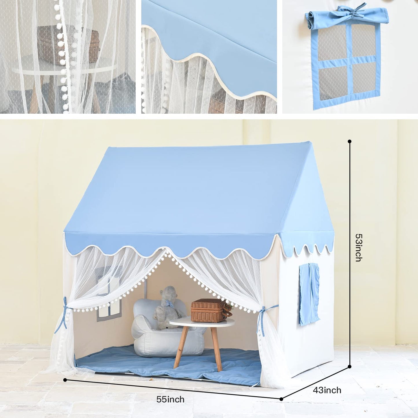 Kids Play Tent Large Fairly Kids Tent Indoor for Girls Boys Toddlers Playhouse Tent Castle with Lace Curtain and Windows Game Party Decoration (Blue)
