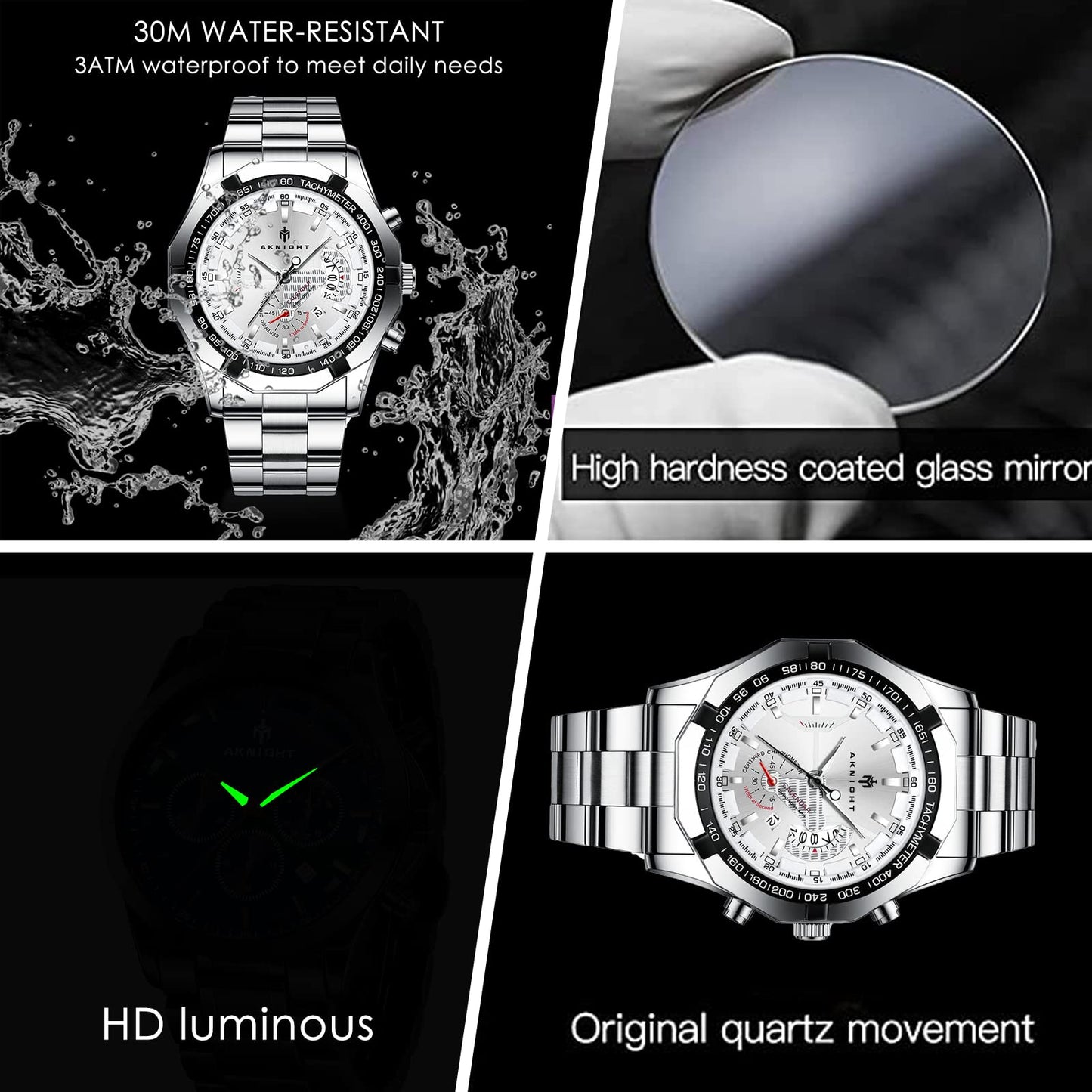 BY BENYAR AKNIGHT Watches for Men Quartz Movement Watch,Waterproof Luminous Men's Watch, Stainless Steel Strap Business Watches