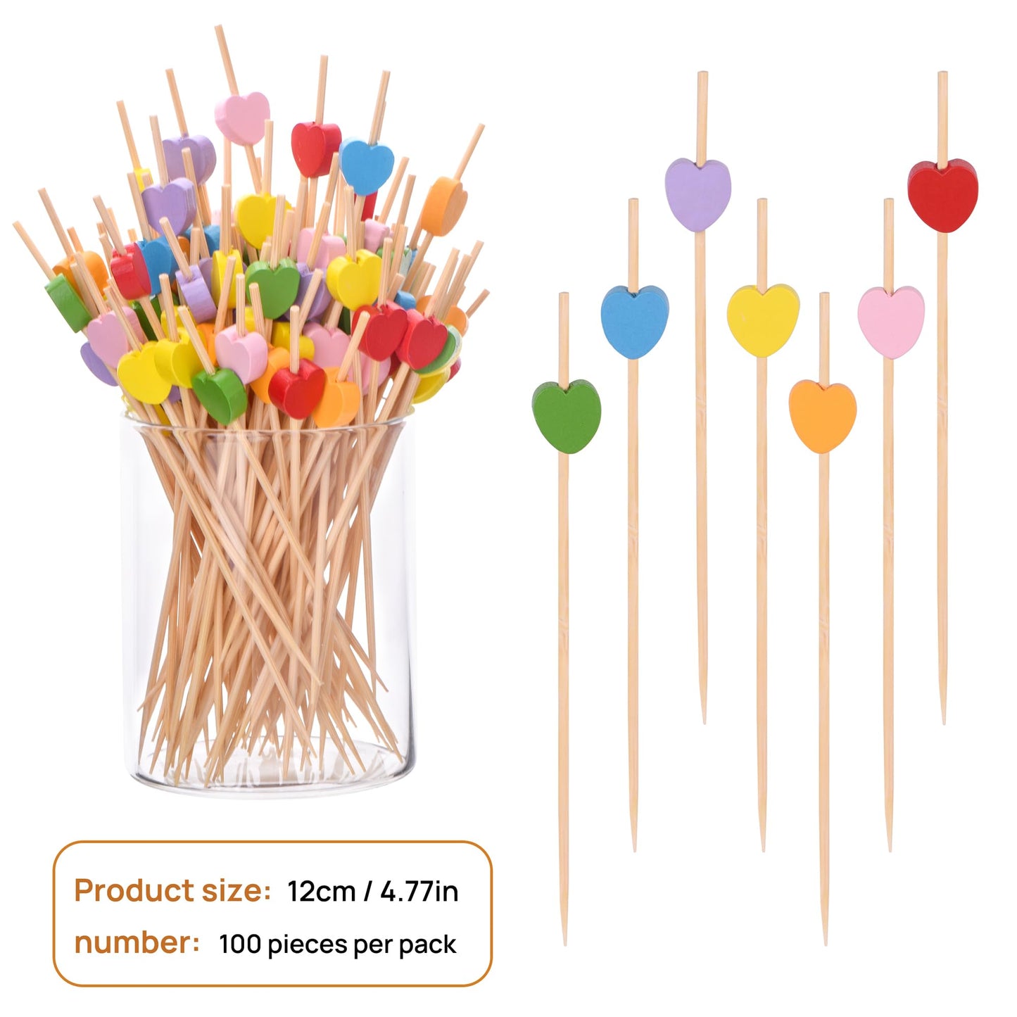 100 Pack Heart-Shaped Bamboo Cocktail Picks