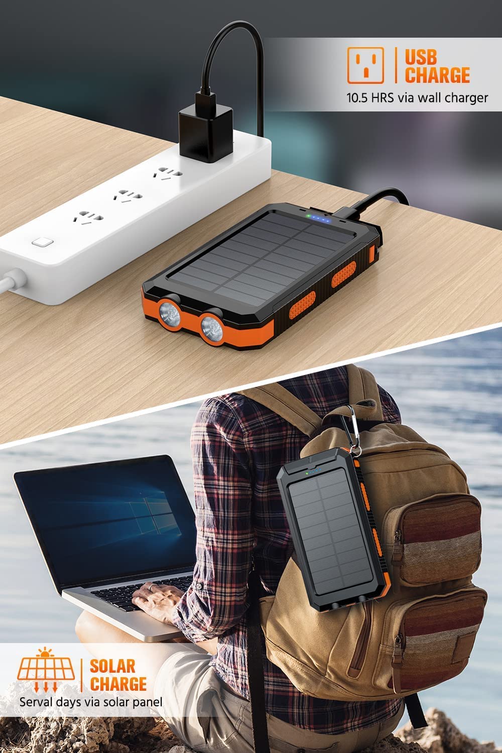Feeke 36800mAh Solar Power Bank with Flashlight