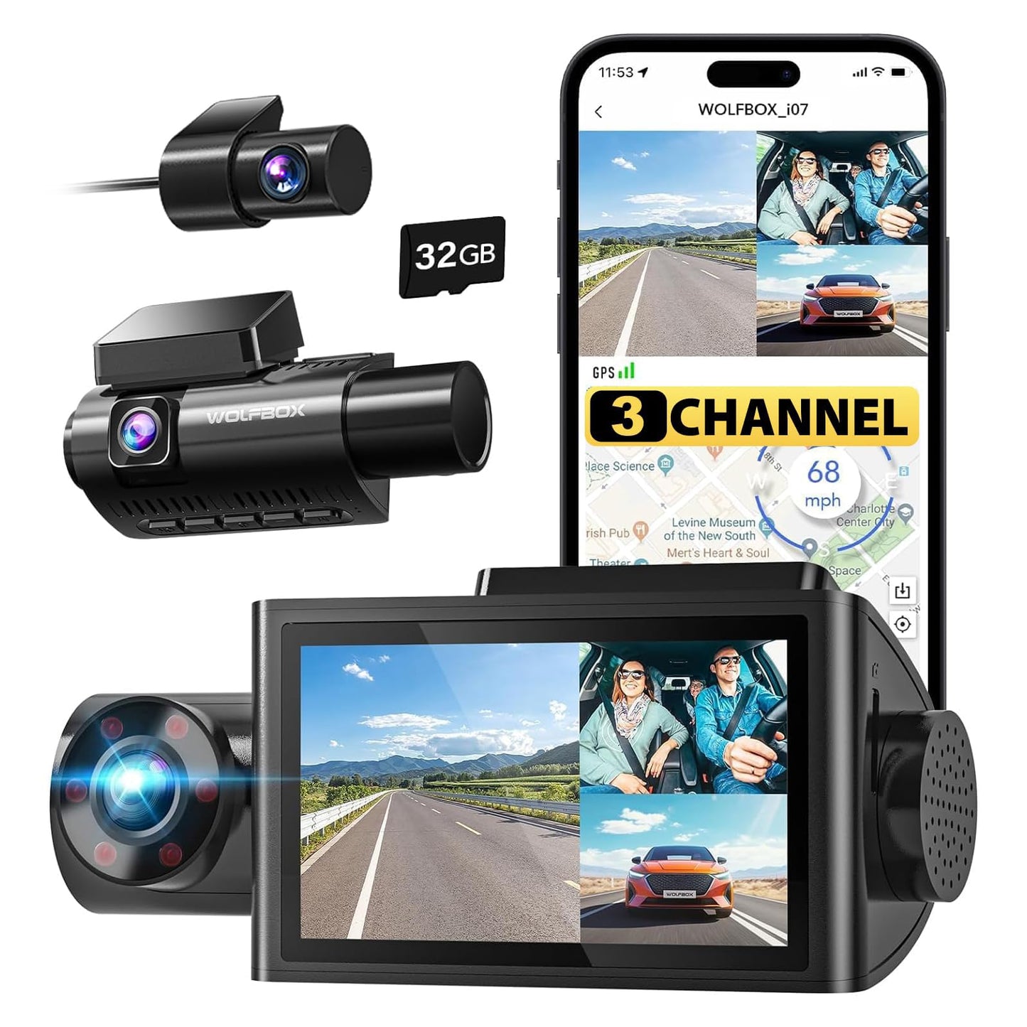 WOLFBOX i07 3 Channel Dash Cam Built in WiFi GPS, 4K+1080P Dash Camera Front and Inside, 1440P+1080P+1080P Triple Car Camera with 3" LCD Screen, Free 32GB Card, IR Night Vision, 24 Hours Parking Mode
