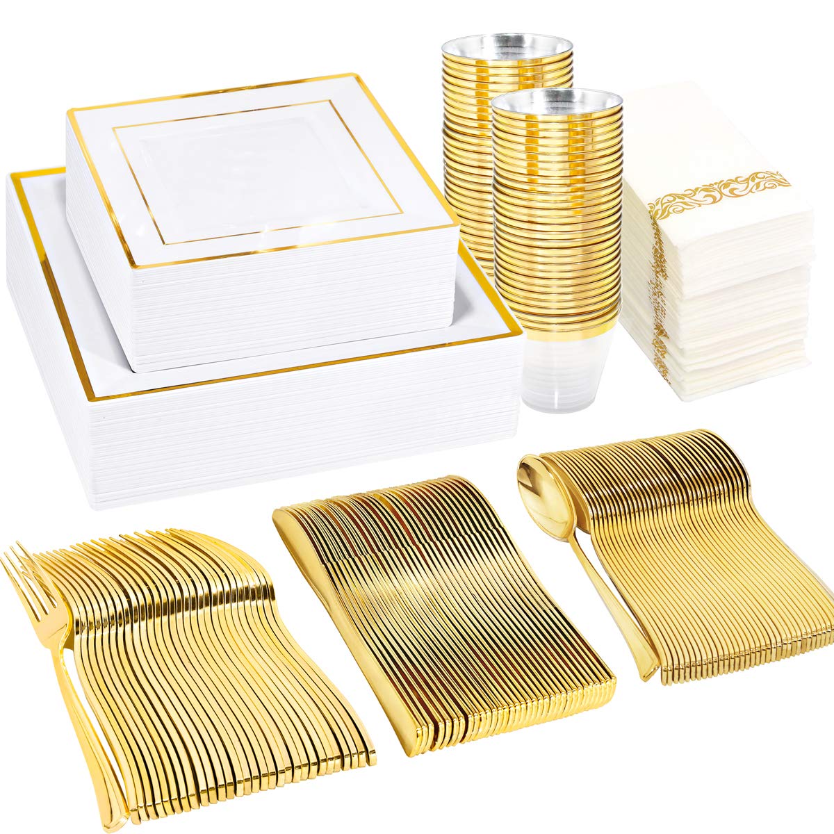 50 Guest Gold Disposable Plates and Utensils Set