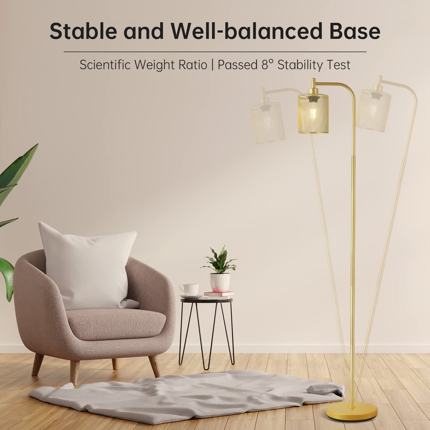 BoostArea Industrial Gold Floor Lamp, 67 Inch LED Standing Lamp with Iron Mesh Lampshade, 6W Brass Stand Up Lamp for Living Room, Bedroom, Office, Den