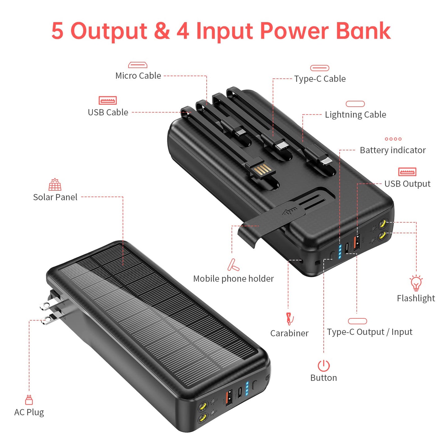 boogostore Portable Charger with Built in Cable and Wall Plug 50000mAh PD30W Fast Charging Solar Power Bank with 5 Output & 2 Input Dual LED Flashlights Phone Holder External Battery Pack (Black)