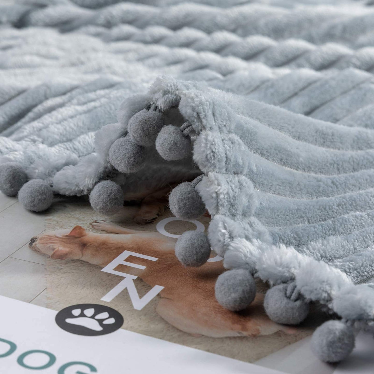 DISSA Plush Twin Fleece Blanket with Pompom Fringe