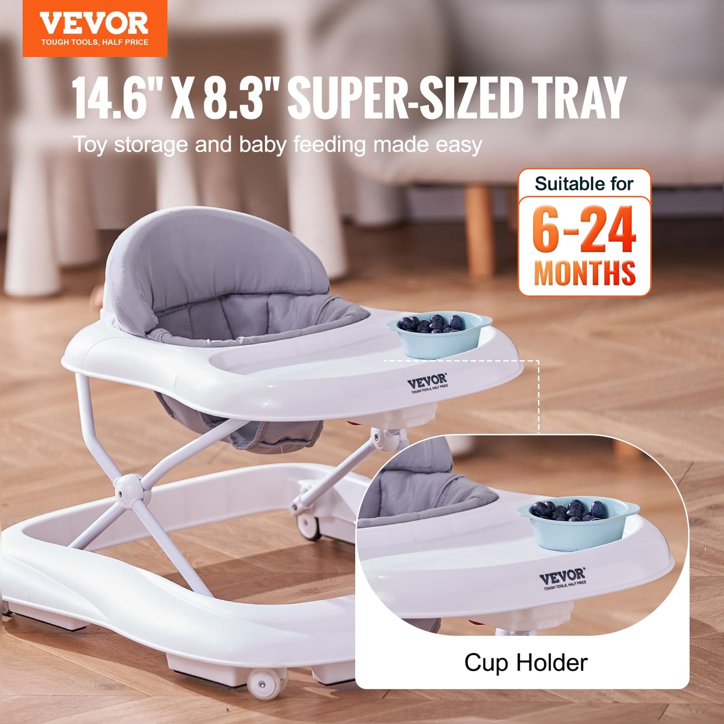 VEVOR Baby Walker, Foldable Baby Walkers with Large Feeding Tray, 3-Level Height Adjustable Toddler Infant Walker on Wheels, Anti-Rollover Activity Walker Helper for Boy Girl 6-12 Months