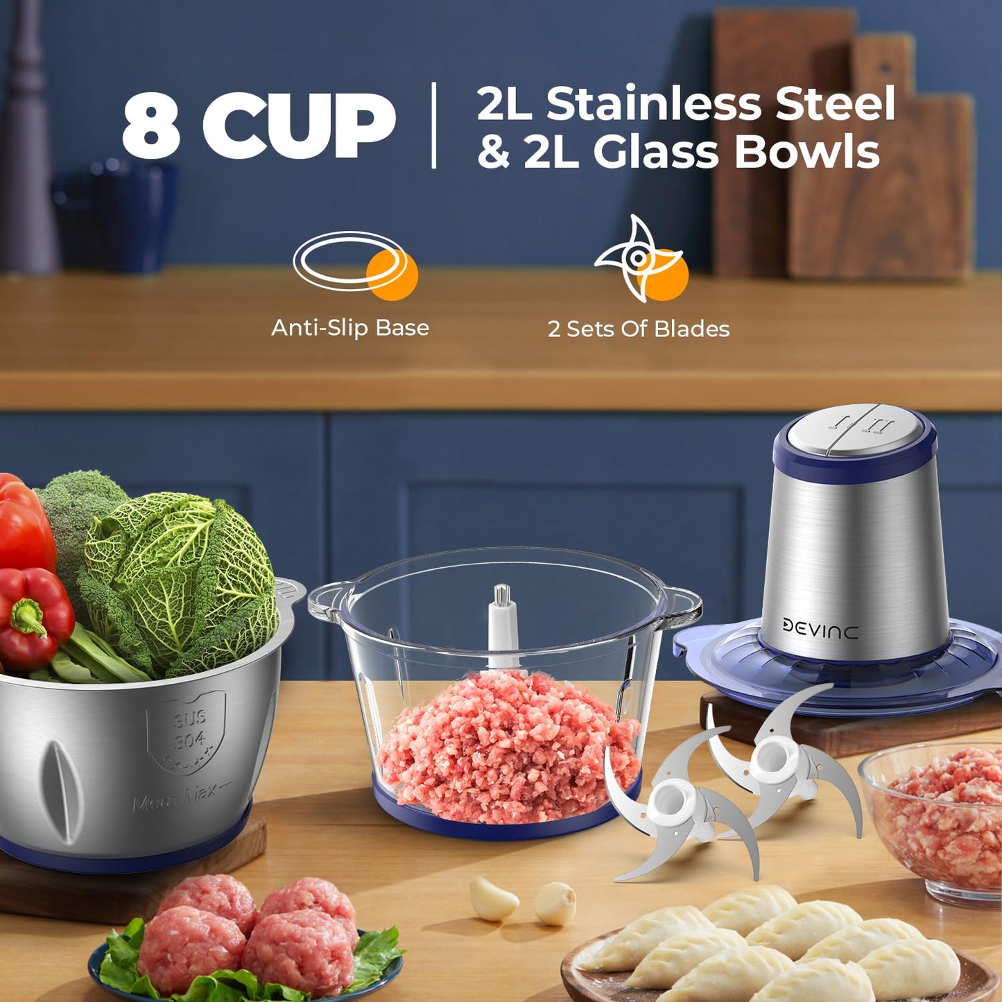 DEVINC Electric Food Processor with 2 Bowls