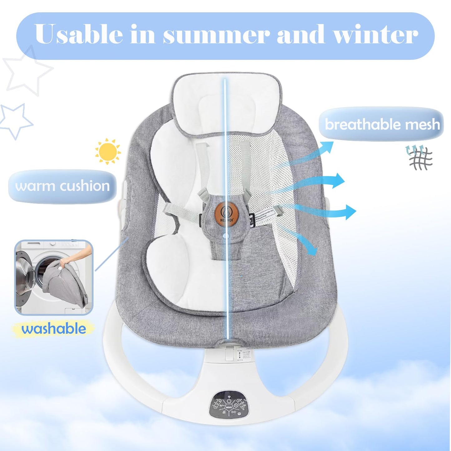 Baby Swing, Baby Bouncer, Electric Rocker for Infants to Toddler, Remote Control, 5 Levels Speed, 3 Seat Positions, Breathable Mesh, Adapter/Battery Operated, Indoor & Outdoor Portable Travel Gray