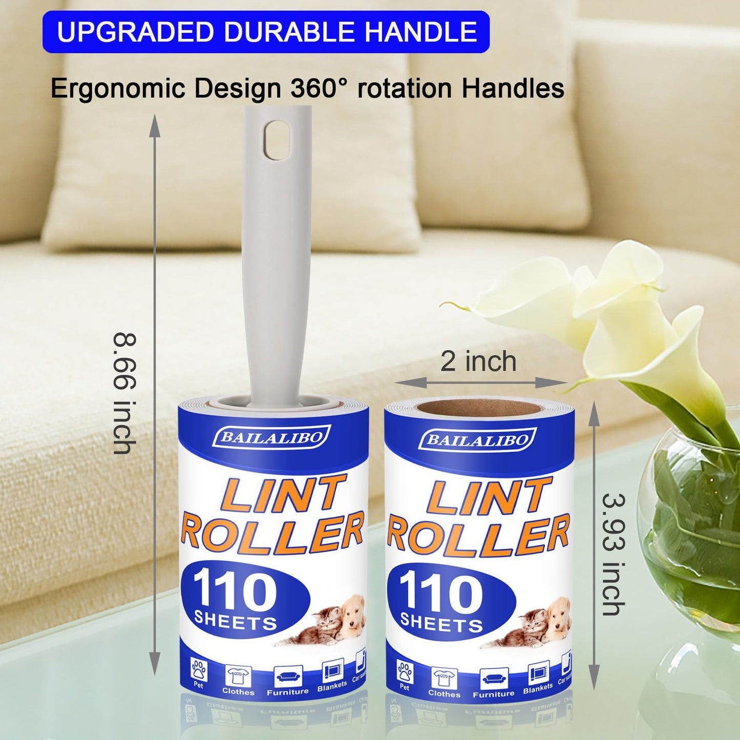 BAILALIBO Lint Roller, 660 Sheets Lint Rollers for Pet Hair Extra Sticky, 3 Handles + 6 Refills, Lint Remover for Clothes, Couch, Dog, Cat Hair, Strong Sticky Lint Roller Refills, Pet Hair Removal.