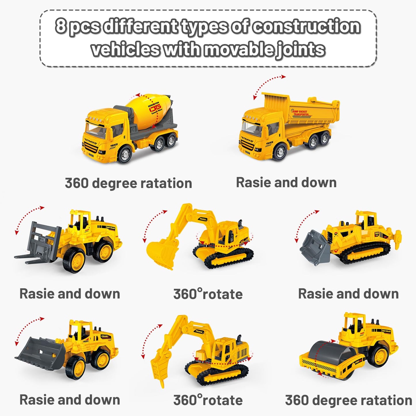 deAO Die Cast Construction Toy Trucks Set with Play Mat, 8 Construction Vehicles with Road Signs Crane, Bulldozers Excavator Cement Dump Digger Toys, Toddler Boys Toys for Kids Age 3 4 5 6 Birthday