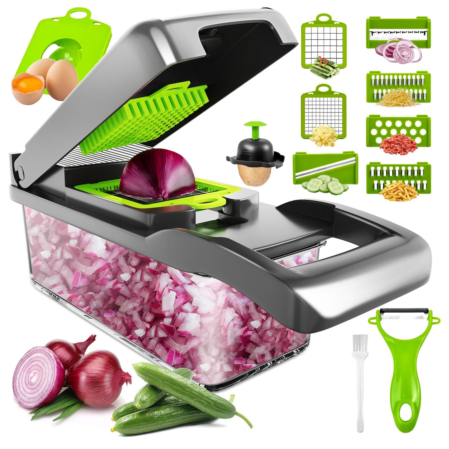 Vegetable Chopper, Raipeu 14 in 1 Multifunctional Food Chopper With Vegetable Peeler, Kitchen Vegetable Slicer Dicer Cutter with Container, Chopper for Onion Carrot Cucumber(Grey)