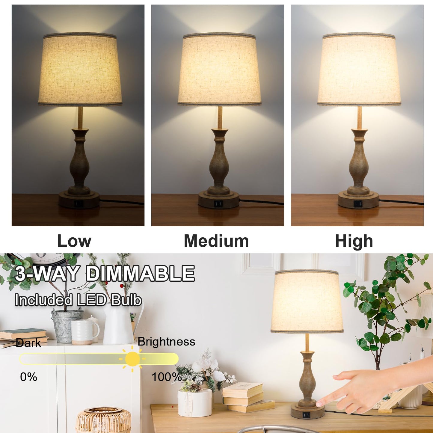 Touch Lamps for Bedrooms Set of 2, Farmhouse Table Lamp with Dual USB Charging Ports, 3 Way Dimmable Nightstand Lamps with Linen Fabric Lampshade for Bedroom, Living Room (Pack2-01A)