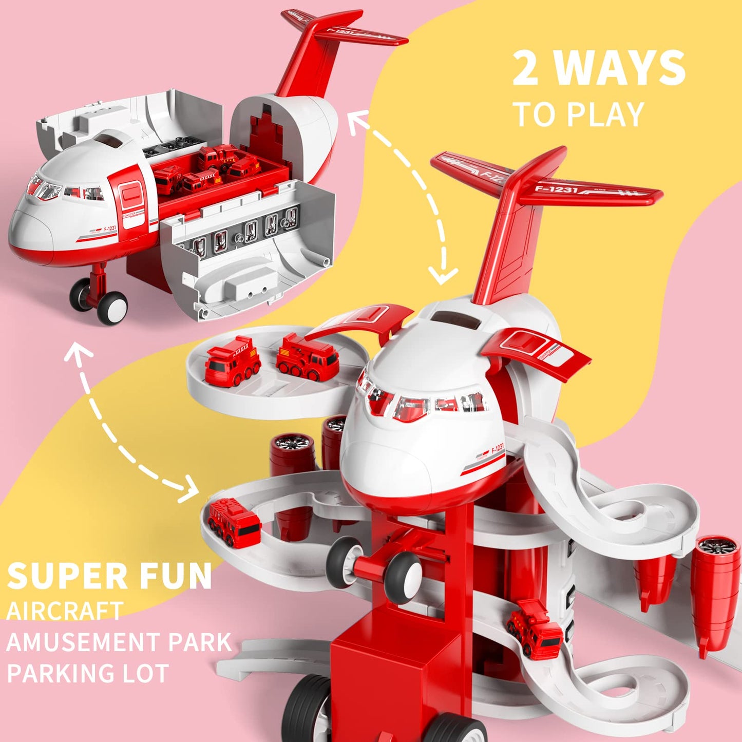 iHaHa Firetruck Garage Parking Lot Playset Toy Airplane with 14 Road Signs 4 Inertial Cars 1 Map