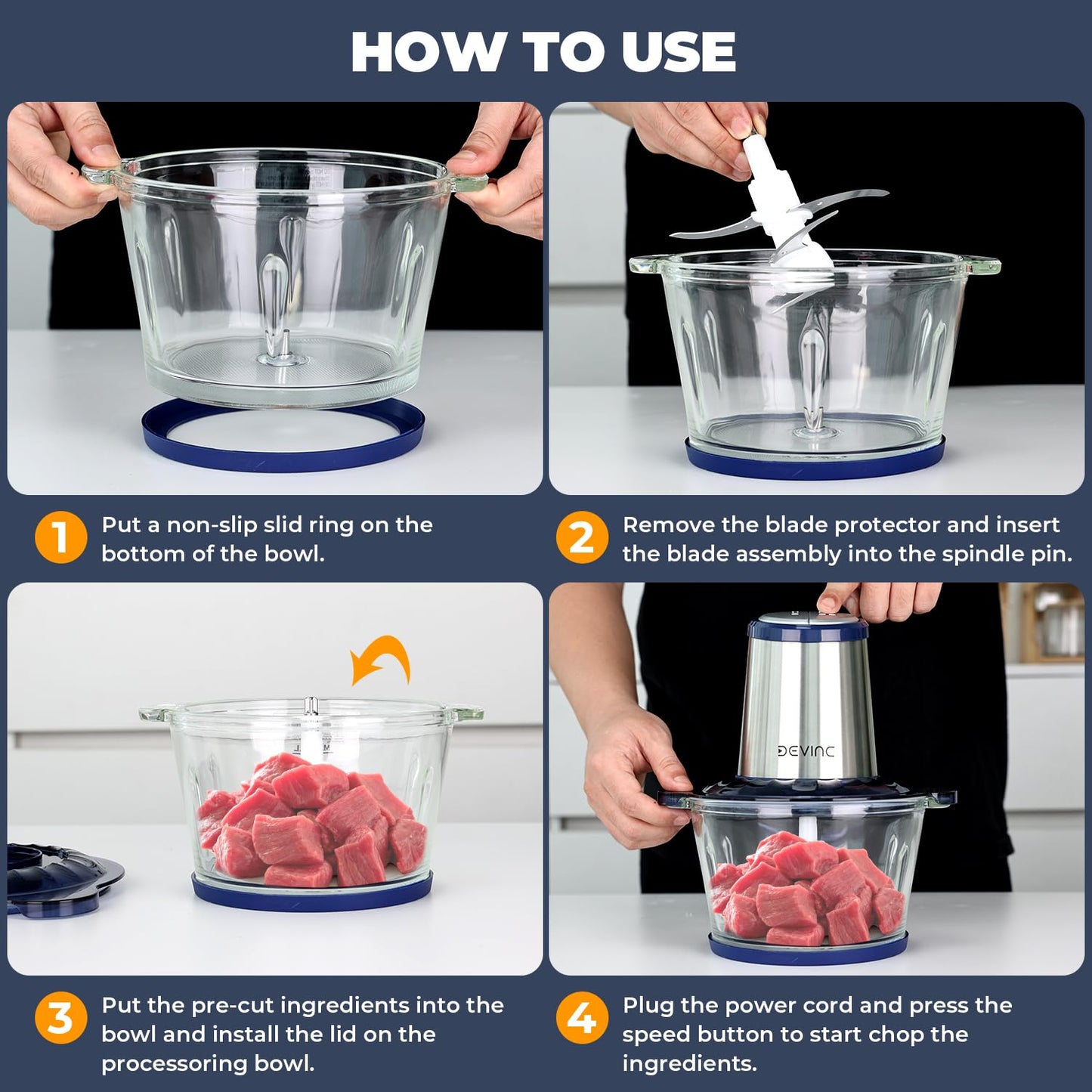 DEVINC Electric Food Processor with 2 Bowls