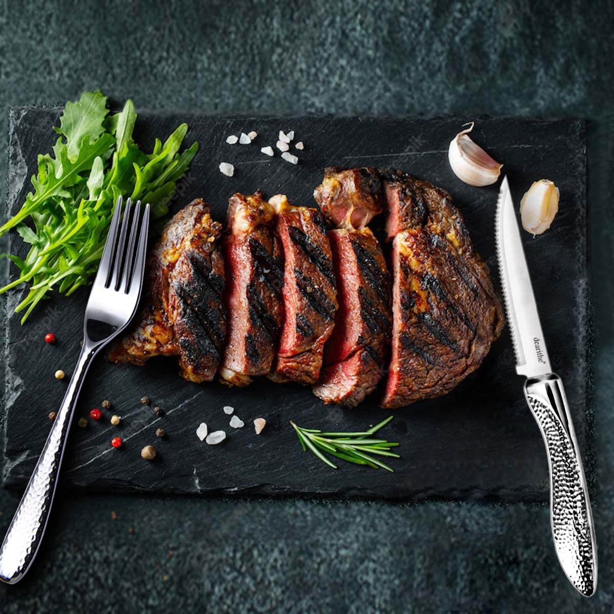 dearithe Steak Knives Set of 6, Stainless Steel Serrated Sharp Blade Steak Knife Set, Hammered Pattern Handle,4.5 In,For Kitchen Restaurant Tableware, Dishwasher Safe