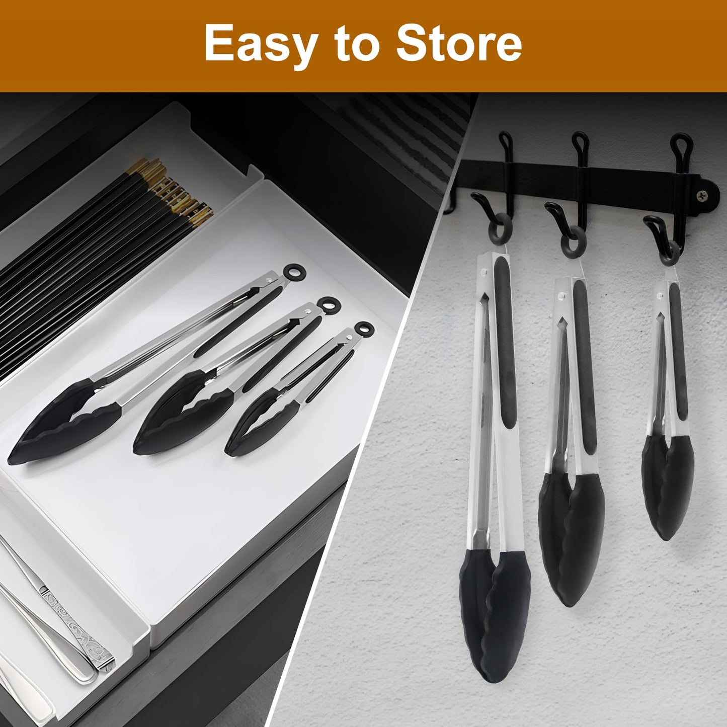Black Silicone Kitchen Tongs Set - 3 Sizes