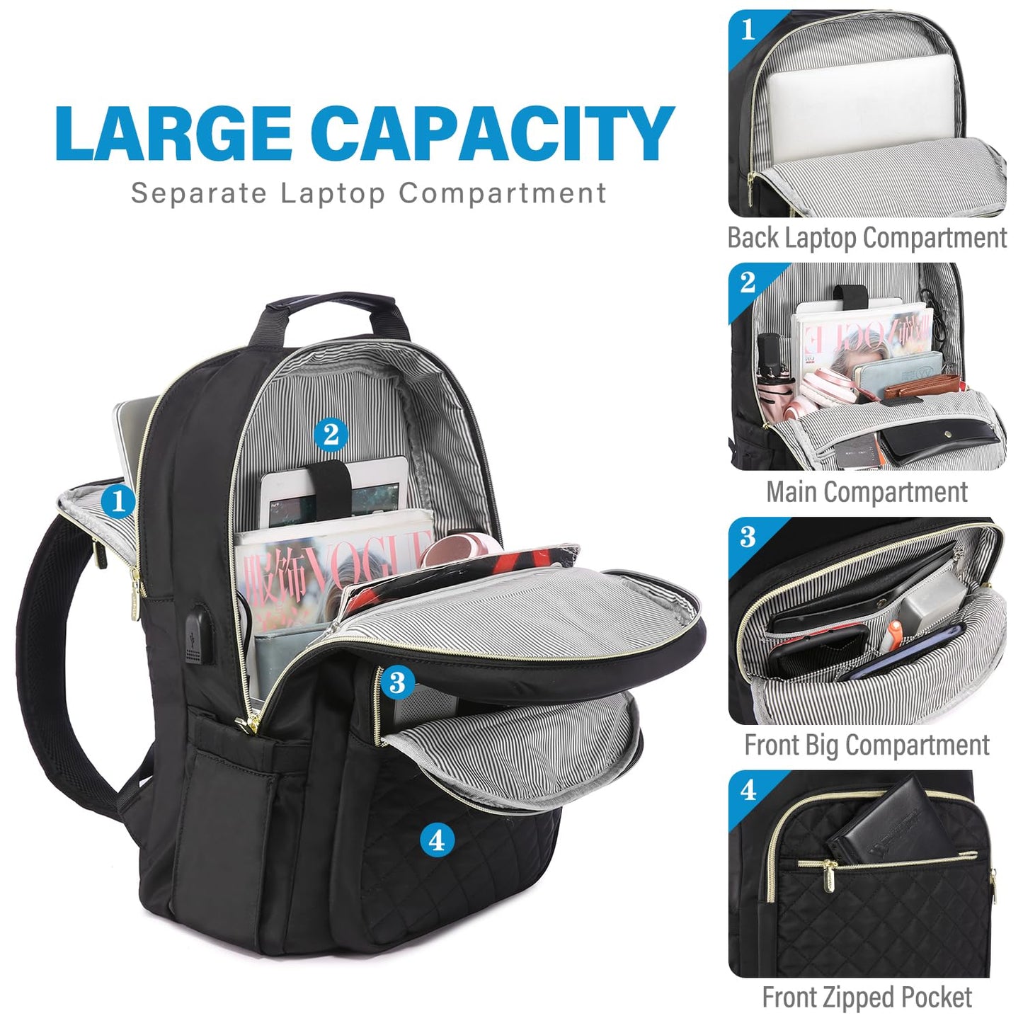 LOVEVOOK Laptop Backpack Purse for Women, Work Business Travel Computer Bags with 15.6 Inch Laptop Compartment, Teacher Nurse Backpack for Womens, Quilted Casual Daypack with USB Port, Black