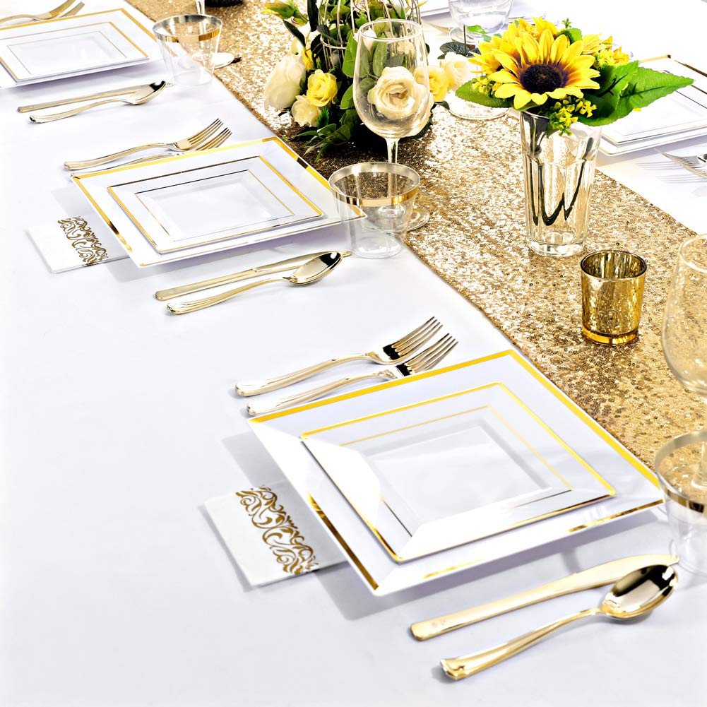 50 Guest Gold Disposable Plates and Utensils Set